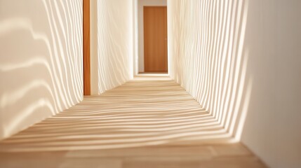 Luxury hotel interiors with exclusive lighting. Bright hallway with shadow patterns and wooden doors.