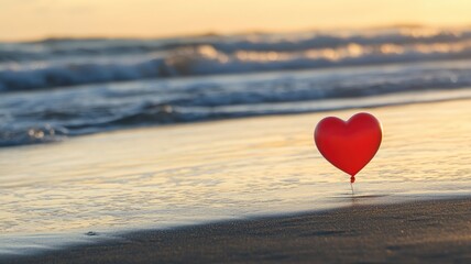 Fototapeta premium Heart-shaped balloon on beach at sunset, romantic atmosphere