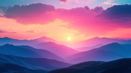 A beautiful mountain range with a pink and purple sunset in the background
