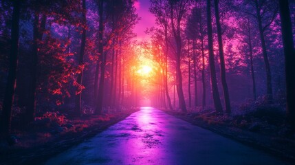 Obraz premium A road with a purple sky in the background