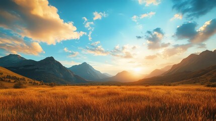 Fototapeta premium A beautiful mountain range with a bright orange sun in the sky