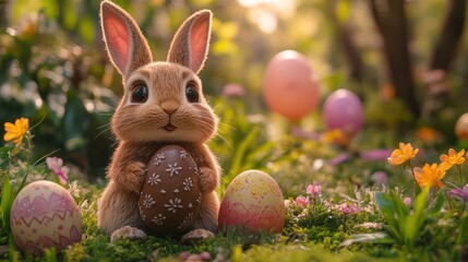 A festive Easter Bunny sitting next to a chocolate egg sculpture surrounded by flowers and balloons in a vibrant park setting