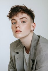 An androgynous model showcases contemporary fashion with a strong gaze and short hair, exuding confidence and style in a minimalist, artistic setting.