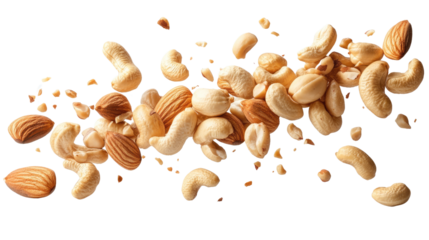 Nutty Burst: A dynamic array of mixed nuts, including almonds and cashews, appear to be suspended mid-air, a testament to the raw, natural energy of healthy snacks.