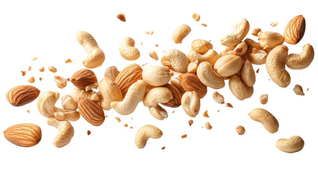 Nutty Burst: A dynamic array of mixed nuts, including almonds and cashews, appear to be suspended mid-air, a testament to the raw, natural energy of healthy snacks.