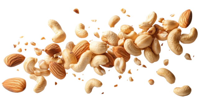 Nutty Burst: A dynamic array of mixed nuts, including almonds and cashews, appear to be suspended mid-air, a testament to the raw, natural energy of healthy snacks.