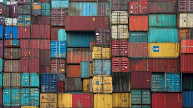 Colorful stacked shipping containers in an industrial port setting