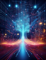 Obraz premium Big data technology and data science illustration. Data flow concept. Querying, analysing, visualizing complex information. Neural network for artificial intelligence. Data mining. Business analytics.