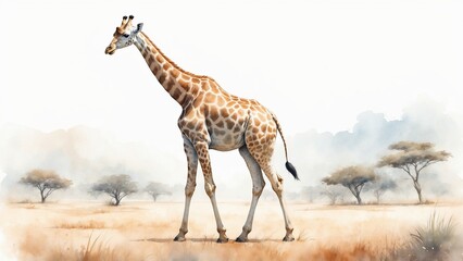 Obraz premium Watercolor illustration of a giraffe walking in the African savanna.