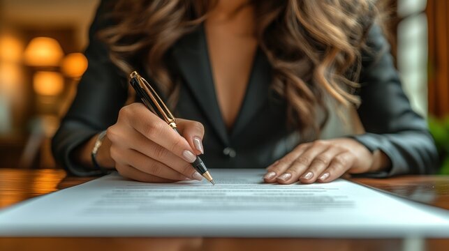 Woman signing important document with gold pen
