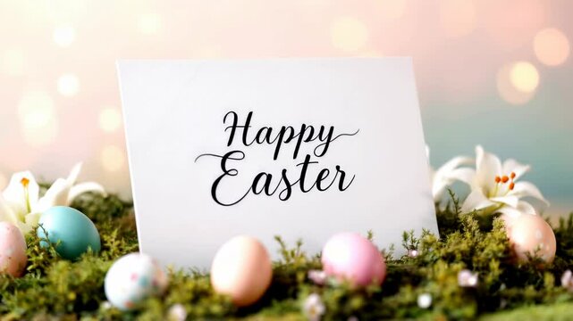 Camera orbits around "Happy Easter" minimalistic greeting card in elegant calligraphy on a soft bed of moss, surrounded by a colorful decorated Easter eggs and delicate white lilies.