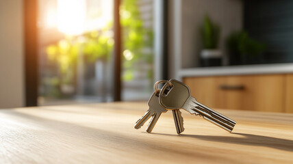 House Keys on Wooden Table in Sunlit Interior