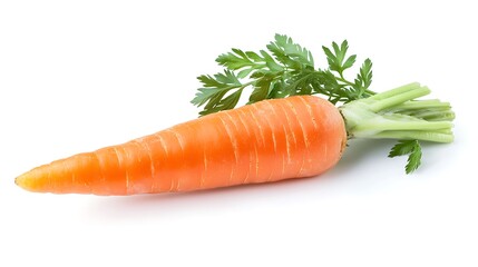 Close-up image of a vitamin-rich carrot representing raw produce cultivated through organic farming, isolated on a pure white background with visible greenery and edible plants, reflecting a 