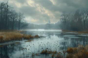 Fototapeta premium A body of water surrounded by trees on a foggy day