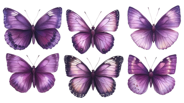 Purple Butterflies: A captivating array of six purple butterflies showcases intricate wing patterns and vibrant hues, creating a visually stunning display of natural beauty.