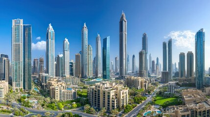 Obraz premium A stunning cityscape showcasing modern architecture with glass skyscrapers.