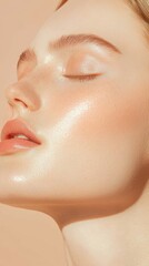 Model closeup with smooth hydrated skin soft warm tones beauty portrait inviting atmosphere serene concept