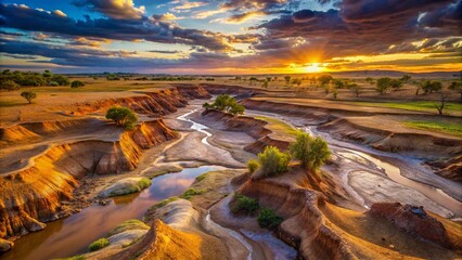 Fototapeta premium Eroded landscape of middens and creek beds at sunset 