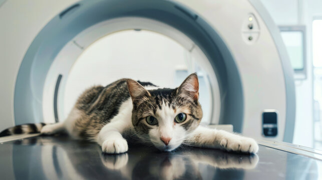 A cat lies on a scanning machine table, looking at the camera. Concept of animal care and veterinary technology.