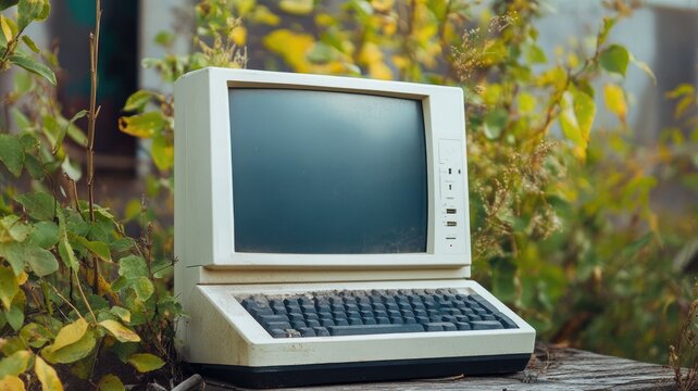Vintage computer in nature, symbolizing technology and environment