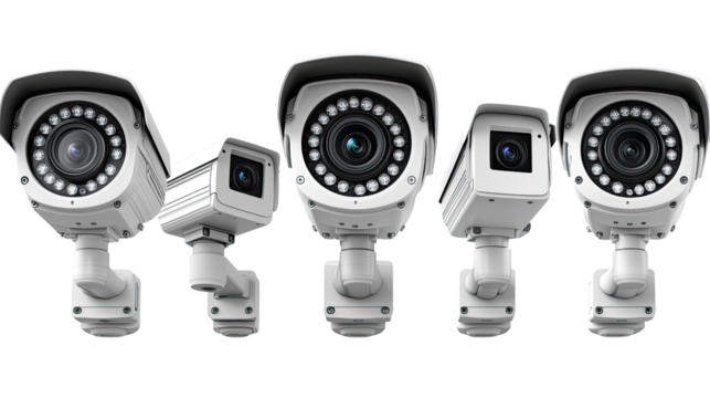 Surveillance System Array: A close-up shot showcasing a collection of security cameras, arrayed in a symmetrical pattern, embodying modern surveillance technology. 
