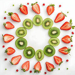 Fototapeta premium top view fresh kiwi and strawberries cutting arrange
