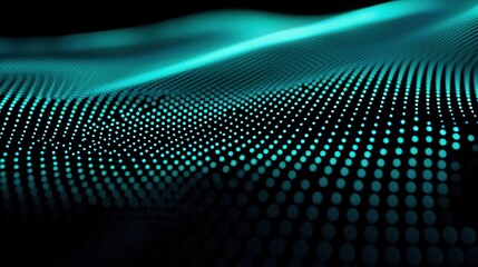 A futuristic digital grid design with neon green and blue lines glowing against a dark background, creating an abstract pattern that seems to move and change with every shift of light.