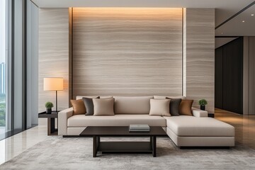 Luxury hotel interiors with exclusive lighting. Modern living room with a stylish sofa and elegant decor.
