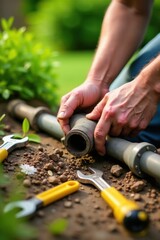 Connecting Irrigation Pipes A Gardener's Hands Carefully Assemble Outdoor Watering System Components