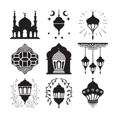 Lantern black and white silhouette illustration Islamic lantern light vector silhouette, Ramadan Islamic lanterns vector illustration Lantern Icon, Black and White, Traditional Lighting Design Islamic