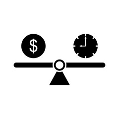 investment icon, Time and money scale icon. Balance of money and time on a large scale. Weights with clock coins and money, simple flat style, illustration, logo sign symbol pictogram template, for ui
