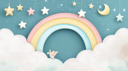 Pastel Rainbow Clouds Stars Moon Bird Dreamy Scene