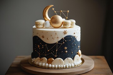 A celestial birthday cake with edible gold leaf detailing, moon-shaped macarons, and a constellation topper