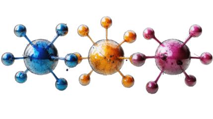 Abstract Molecular Structures: Three vibrant, stylized molecular structures, in hues of blue, yellow, and purple, float against a stark background.