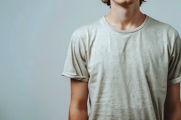 Young Caucasian male wearing plain beige t-shirt against light gray background, cropped composition perfect for fashion, lifestyle and minimalist design projects and advertising.