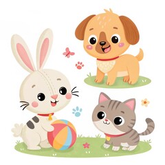 Fototapeta premium Cute Pets Illustration Rabbit, Dog, Cat Playing, Digital Painting, Childrens Book, Vector Art, Cartoon Animals Children's illustration
