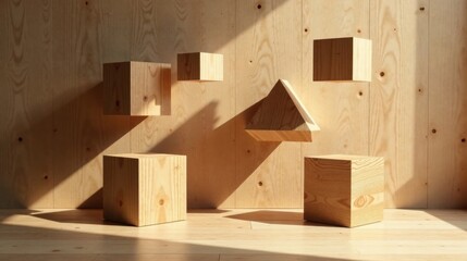 Wooden geometric shapes arranged in a sunlit room against a plywood wall