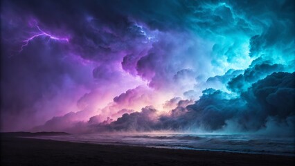 Dramatic Coastal Storm Purple and Teal Cloudscape, Lightning, Seascape Composition, Nature Photography storm photography, coastal landscape