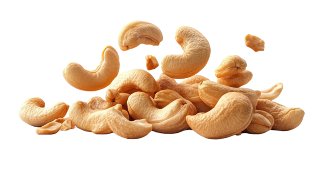 Cashew Nut Explosion: A dynamic cascade of roasted cashew nuts, captured mid-air, showcasing their natural curvature and rich, nutty flavor. The image evokes a sense of abundance and deliciousness.
