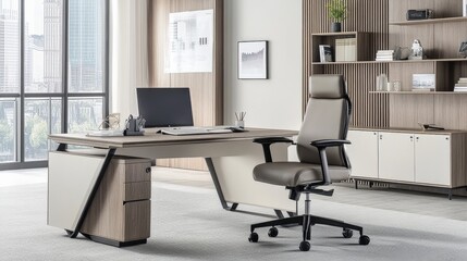 Modern Minimalist Office Desk Setup with Neutral Tones