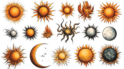 Celestial Sun Collection: A diverse collection of sun and moon illustrations in various styles, perfect for astrology, astronomy, and mystical designs.  The set includes suns with flames, rays.