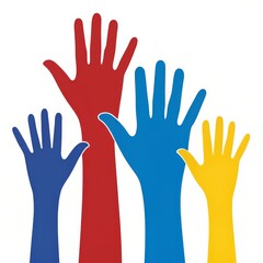 Obraz premium Four Colorful Hands Reaching Up Unity, Diversity, Vector Illustration, Hands Up, Community Unity, Diversity