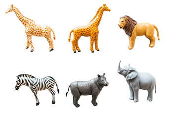 a set of plastic toy wild animals isolated on a transparent background