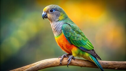 Obraz premium White-bellied Parrot (Pionites leucogaster) perched on a branch, vibrant plumage, detailed feathers, natural light, studio product photography.