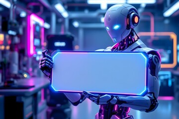 Futuristic Robot Holding a Blank Sign in a Neon Tech Environment