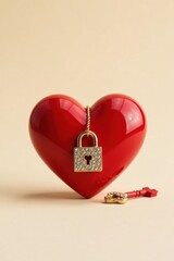 A lustrous red heart, secured by a jeweled padlock and its accompanying key, rests elegantly on a pale background.
