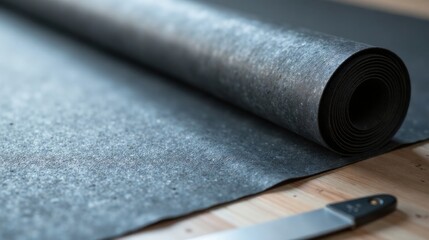 Close-up view of rolled dark gray textured material on a light wood surface, showing detailed texture and a sharp tool in the foreground.