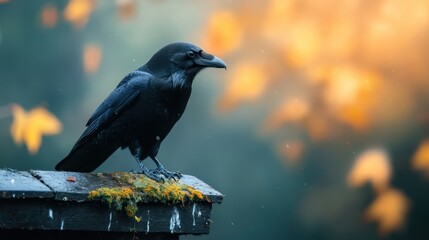 A striking raven stands on a moss-covered ledge, catching the gentle glow of autumn colors, encapsulating the beauty and solitude of nature's transition.
