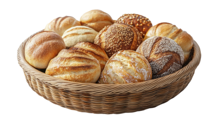 Artisan Bread Basket: A rustic wicker basket overflowing with a variety of freshly baked artisan breads, showcasing various textures, crusts, and seeded tops.