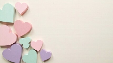 Pastel-Colored Wooden Hearts Arranged on a Light Background, Perfect for Romantic or Sentimental Designs
